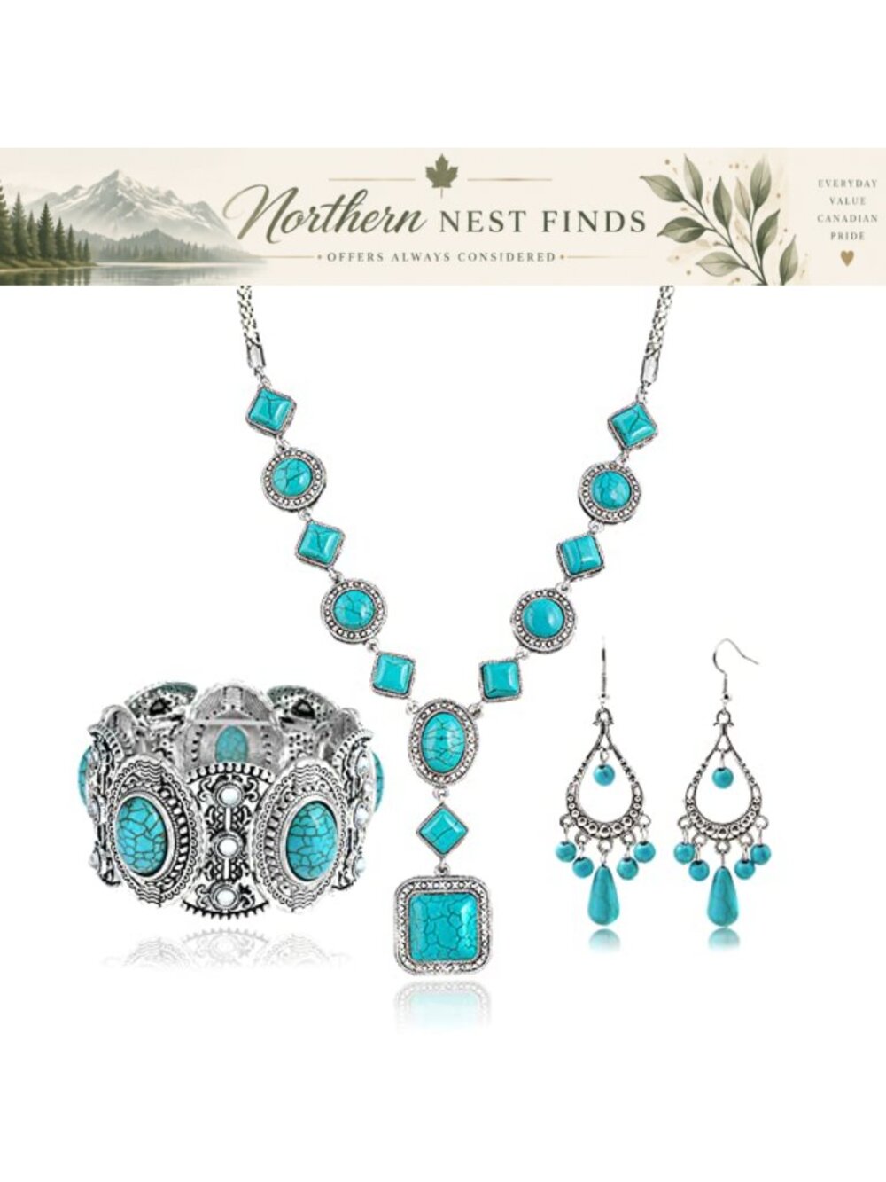 Boho Turquoise Alloy Necklace Earring Bracelet Jewelry Set